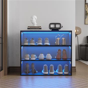 黑色玻璃门鞋盒鞋收纳柜带 RGB LED 灯