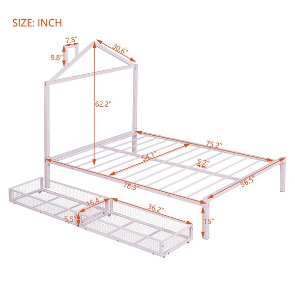 全尺寸金属平台床，带两个抽屉，房屋形床头板设计，粉色-10