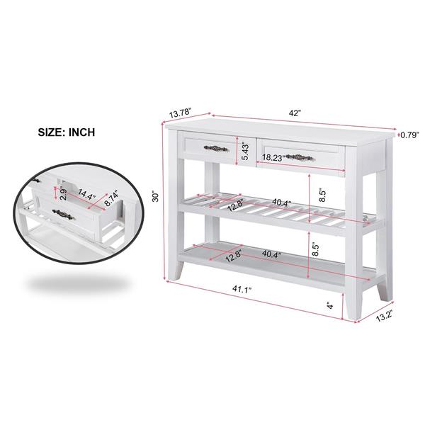 控制台沙发桌，带 2 个储物抽屉和 2 层搁板，中世纪风格 42 英寸实木自助餐柜，适用于客厅家具厨房餐厅入口走廊，古董白色-10
