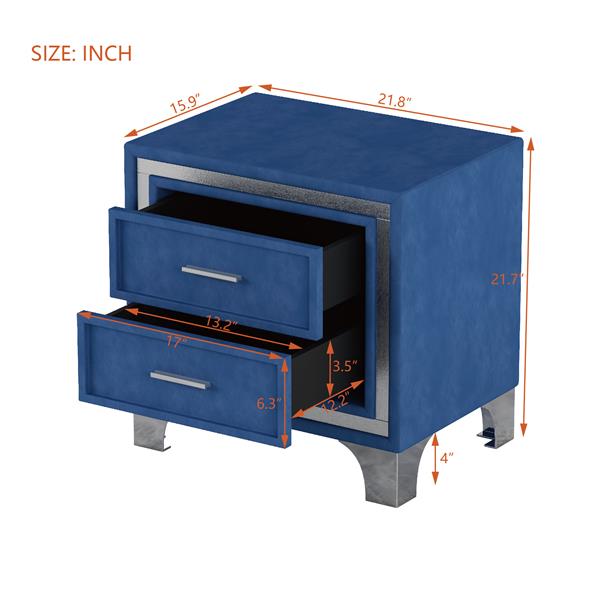 卧室用 2 抽屉床头柜，带金属腿，中世纪床头柜，除腿和把手外完全组装，天鹅绒床头柜-蓝色-6