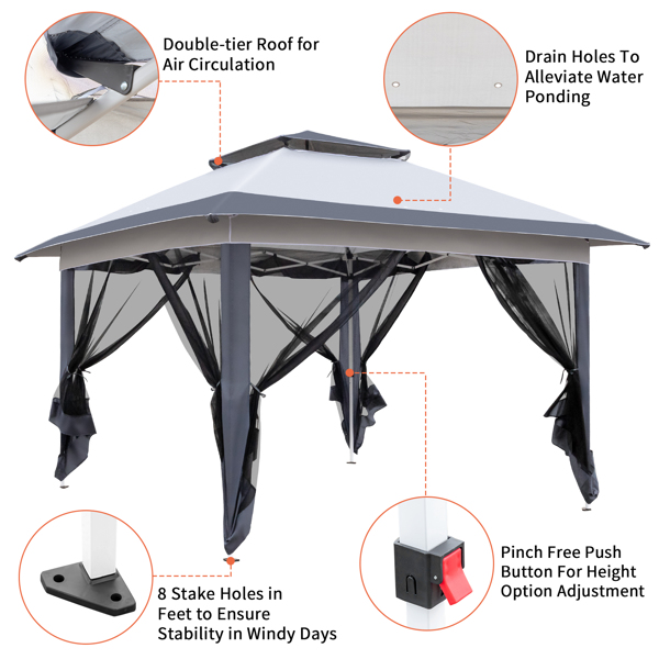  3.6*3.6m 灰色/深灰色 一键撑开 直角 4面纱网 双顶挑檐 折叠棚 牛津布 白色喷塑铁管 便携 N001-25
