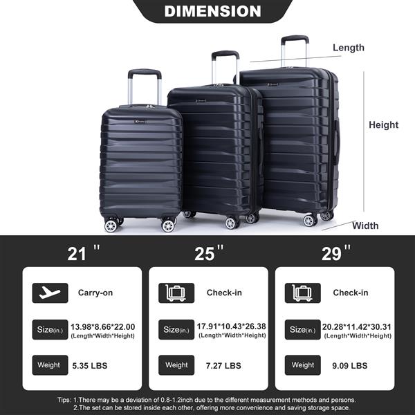 件套行李箱套装 PC 轻便耐用可扩展手提箱，带两个挂钩、双旋转轮、TSA 锁，(21/25/29) 黑色-20