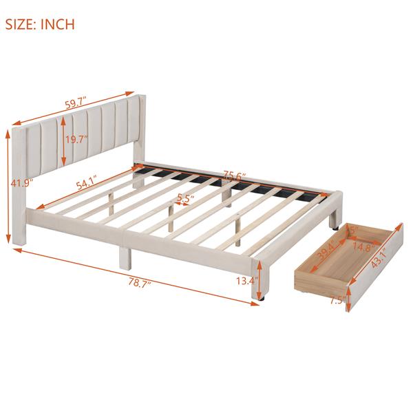 全尺寸储物床天鹅绒软垫平台床，配有大抽屉 - 米色-21
