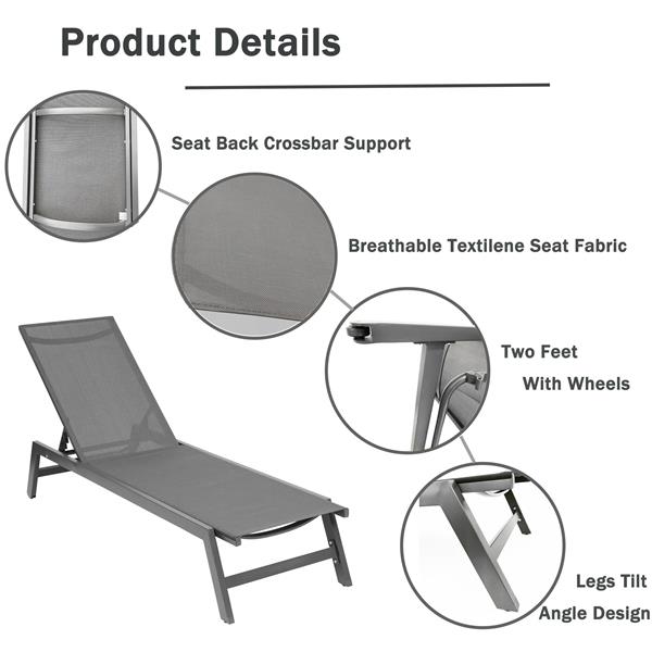 户外躺椅，五档可调节铝制躺椅，适合全天候露台、海滩、庭院、泳池（灰色框架/深灰色面料）-14