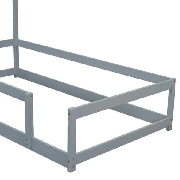 双人尺寸木床，带房屋形床头板地板床，带围栏，灰色-4