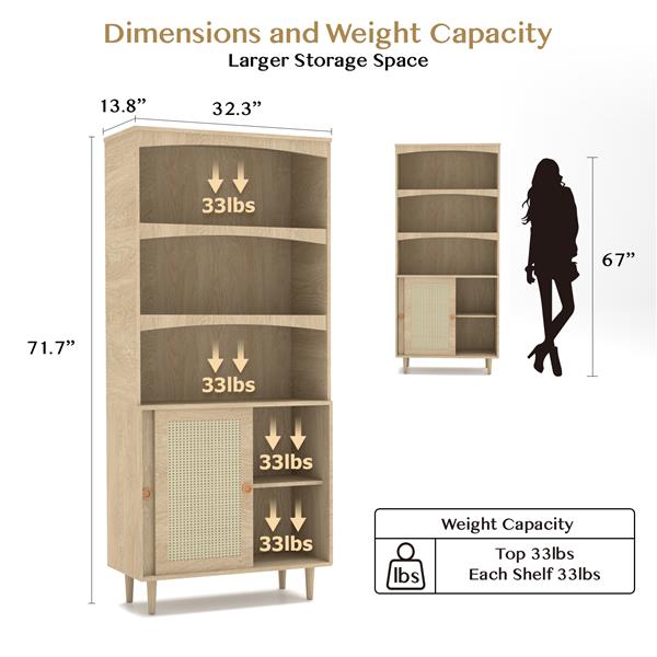 书柜，高 5 层波西米亚书架，带门储物，可调节搁板，藤木书架，大型农舍书柜，适用于客厅卧室家庭办公室，橡木-6