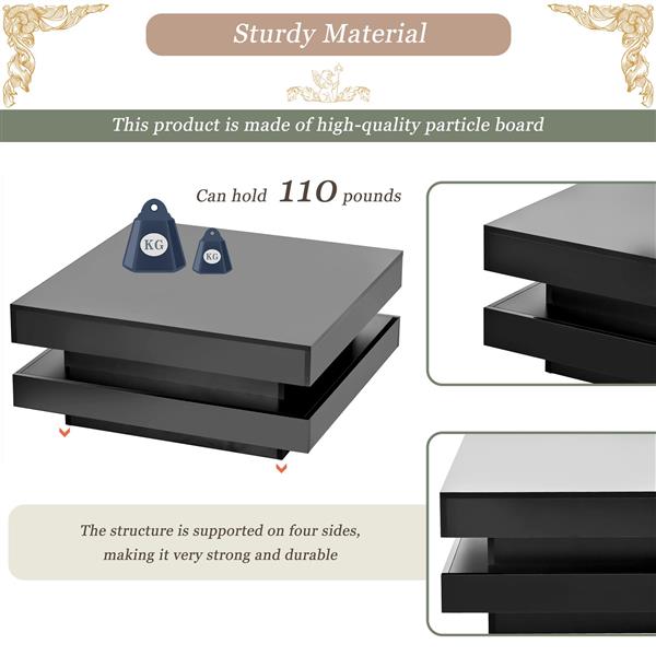 高光极简主义设计，带 LED 灯，2 层方形咖啡桌，客厅中央桌，31.5''x31.5''x14.2''，黑色-9