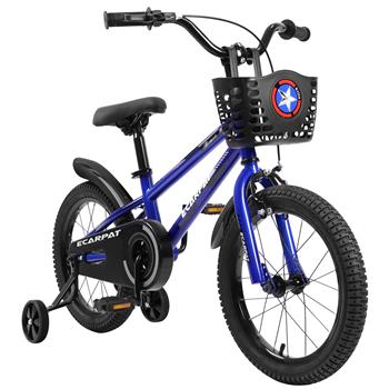 16 英寸儿童自行车，适合男孩和女孩，配有训练轮，自由式儿童自行车，配有铃铛、篮子和挡泥板。