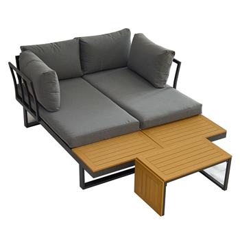 铝制露台家具套装，户外 L 形组合沙发，带塑木边桌和软垫，适用于后院泳池边