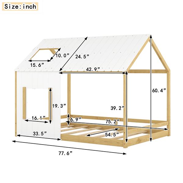 带屋顶和窗户的全尺寸房屋床 - 白色+自然色-7