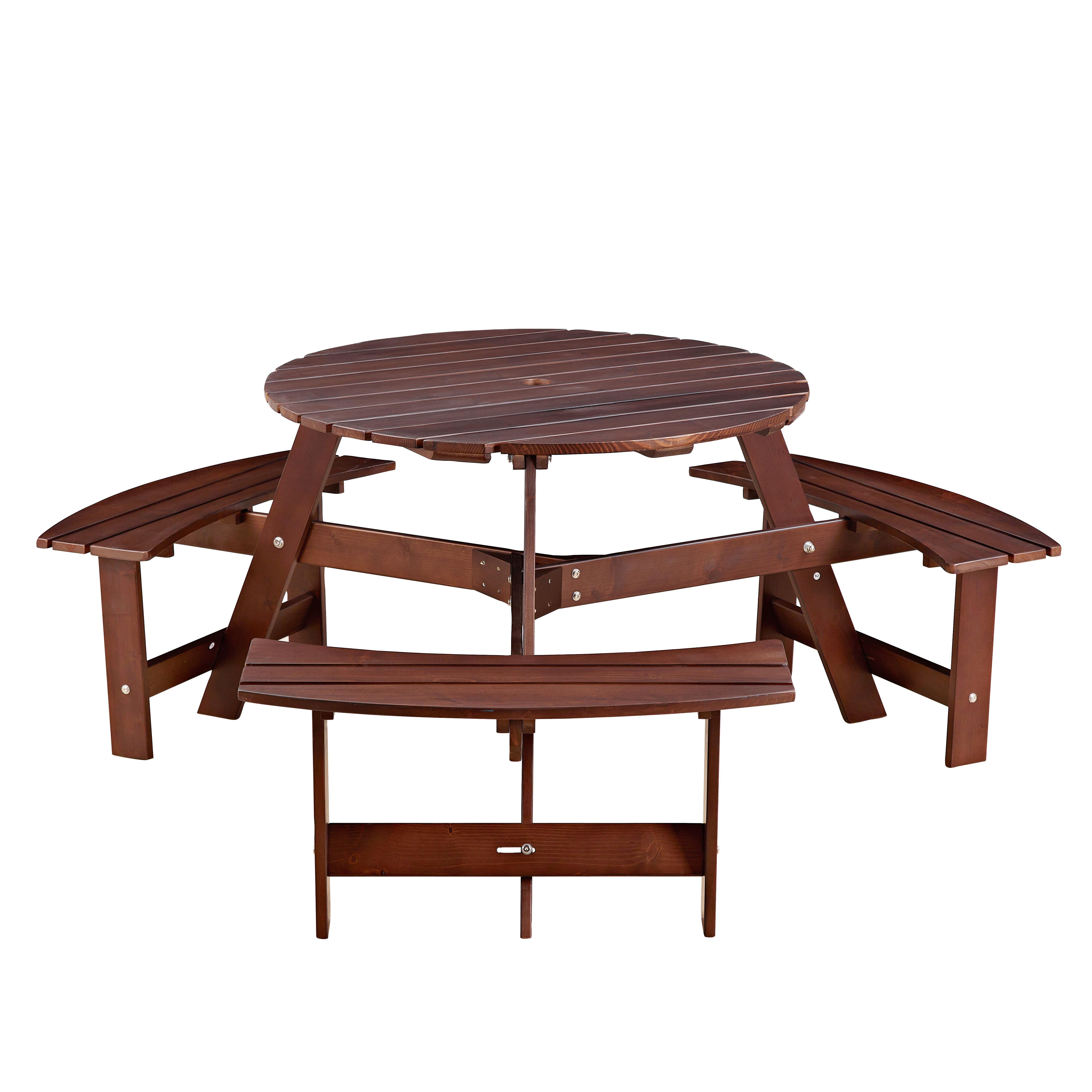 Outdoor Round Picnic Table for 6 with Built-in Benches Umbrella Hole Garden