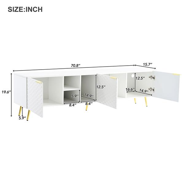 时尚现代简约几何电视柜，带金属把手和金色支脚，适用于最大 80 英寸的电视，带储物柜的多功能电视架，客厅娱乐中心，白色-13