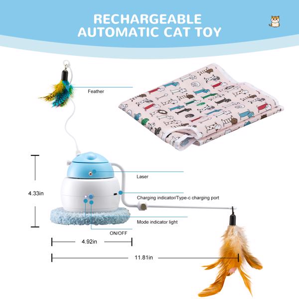 自动互动猫玩具4合1可充电猫激光玩具适用于室内移动羽毛捉迷藏猫玩具自动锻炼和缓解无聊玩具（蓝色）-2