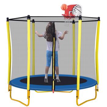 5.5 英尺儿童蹦床 - 65 英寸室内外迷你幼儿蹦床，带围栏、篮球架和球