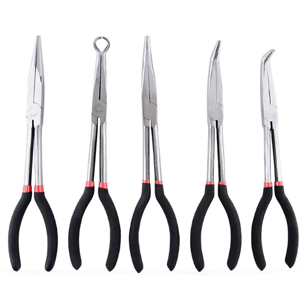 5pcs Long Nose Pliers Set Straight & Bent Tip Mechanic Equipment Tool 11inch S-6