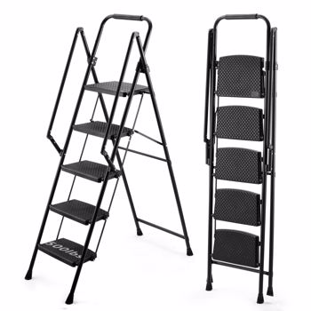5 步梯，折叠梯凳，带防滑宽踏板，钢梯，带安全防滑手柄，轻便 300 磅便携式钢梯凳（黑色）