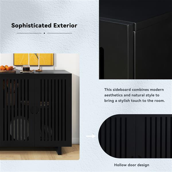 现代风格餐边柜，具有优越的存储空间、空心门设计和 2 个可调节搁板，适用于客厅和餐厅（黑色）-5