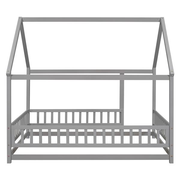 全尺寸地板木床，带房屋屋顶框架、围栏护栏，灰色-10