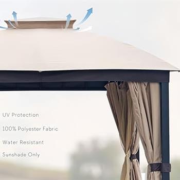 10X10FT 软顶金属凉亭，带蚊帐和遮阳帘，坚固耐用的双层屋顶天篷，镀锌钢设计户外帐篷，适用于花园、露台、后院