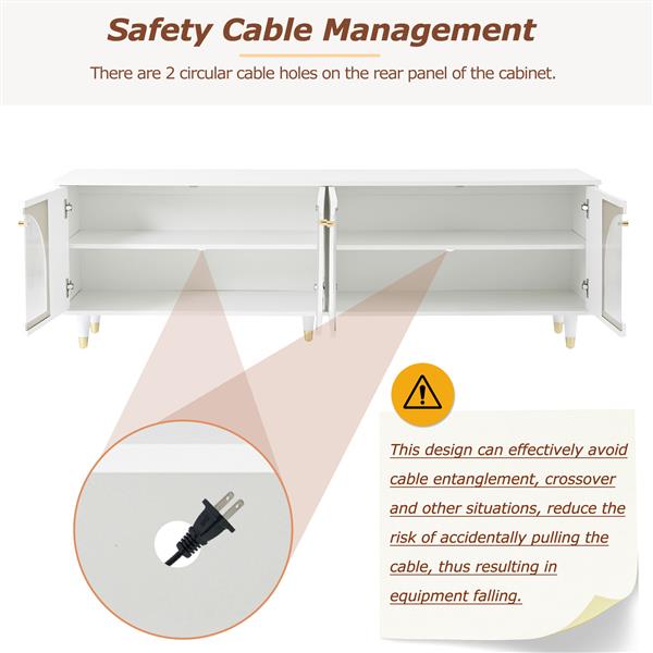 时尚现代电视架，带可调节搁板，可容纳最大 78 英寸的电视，时尚媒体控制台，带金色手柄和拱形凹槽玻璃门，精致的客厅娱乐中心，白色-6