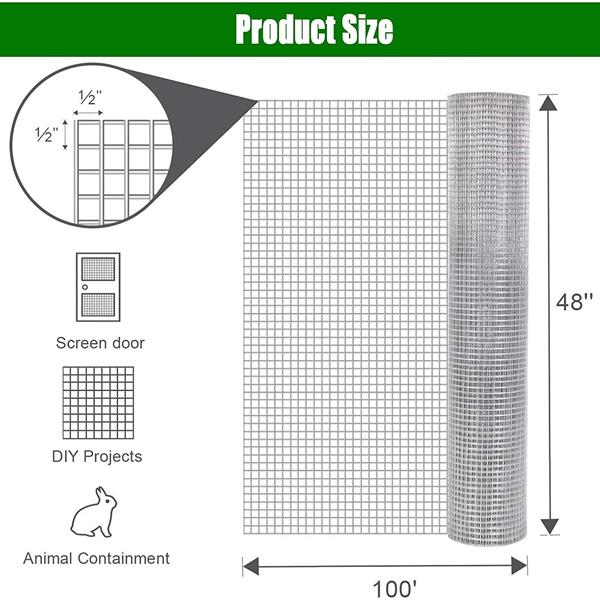 48 英寸 x 100 英尺 1/2 英寸 19 号金属网焊接笼丝鸡围栏网卷方形铁丝网凸起花园兔围栏蛇围栏啮齿动物-21