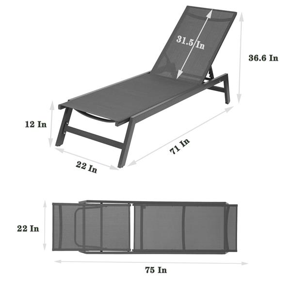 户外躺椅，五档可调节铝制躺椅，适合全天候露台、海滩、庭院、泳池（灰色框架/深灰色面料）-10