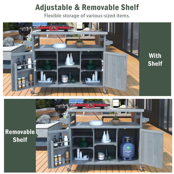 户外厨房岛、滚动酒吧车和储物柜、农舍实木户外烧烤桌，配有不锈钢台面、调料架、厨房和烧烤用毛巾架，灰蓝色-6