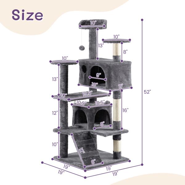 53inch 深灰 绒布爬梯大小双猫屋+3个圆形小跳台 绒布+剑麻 猫爬架-11