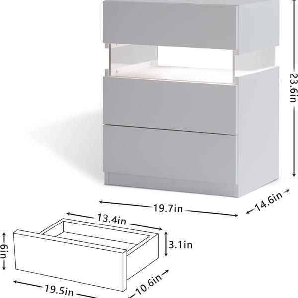 LED 床头柜 3 抽屉梳妆台 适用于卧室边桌 带亚克力板 LED 床头柜 适用于卧室客厅床边家具（白色）-5