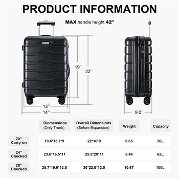 行李箱 3 件套，带万向轮 ABS+PC 轻型 TSA 锁（20 英尺/24 英尺/28 英尺），黑色