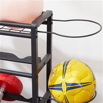 层金属收纳架带滚轮，适用于篮球运动器材收纳架，适用于瑜伽垫，带篮子和挂钩的大型球类收纳架，室内或室外可存放网球拍、足球