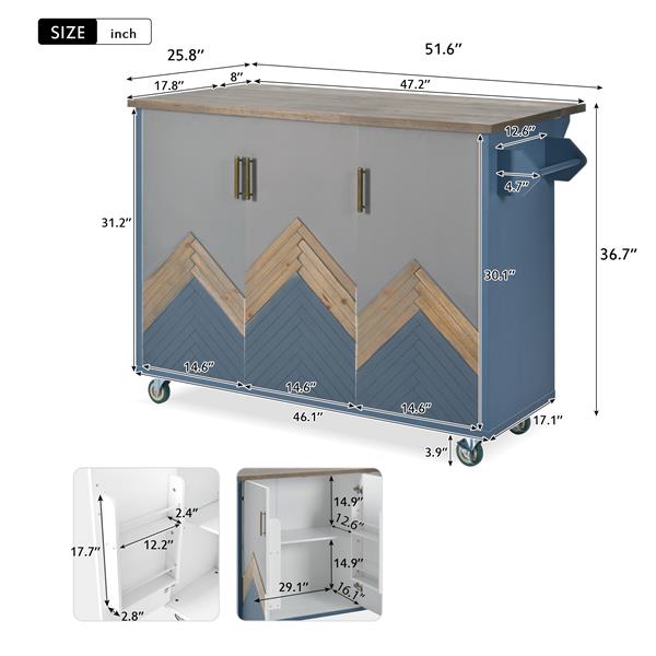 复古山木 47 英寸深厨房岛，带下拉板，带内部储物架的装饰柜，带轮子的农舍滚动厨房推车，适用于客厅、厨房、餐厅（海军蓝）-15