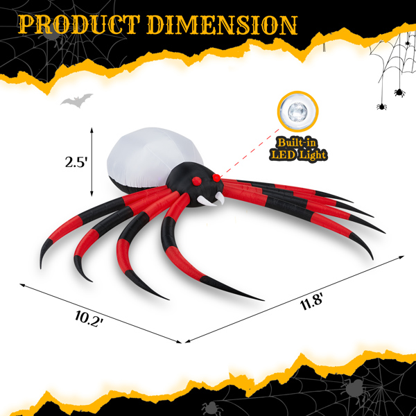 11.8ft 大蜘蛛 2颗LED灯和1个七彩旋转灯盘 万圣充气装饰-8