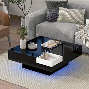 现代简约设计 31.5 * 31.5 英寸方形咖啡桌，带可拆卸托盘和插入式 16 色 LED 灯带遥控器，适用于客厅