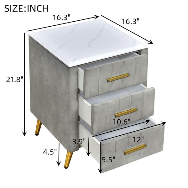 带 3 个抽屉和金属腿和把手的软垫木制床头柜，除腿和把手外完全组装，带大理石台面的床头柜 - 灰色-6