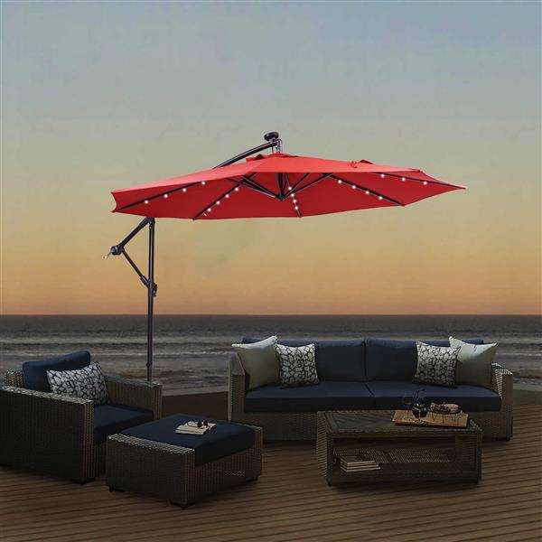 10 英尺太阳能 LED 露台户外遮阳伞悬挂式悬臂遮阳伞偏置遮阳伞易于打开调节，配有 32 个 LED 灯-21
