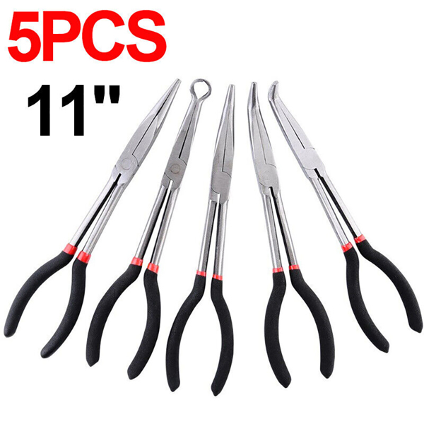 5pcs Long Nose Pliers Set Straight & Bent Tip Mechanic Equipment Tool 11inch S-7