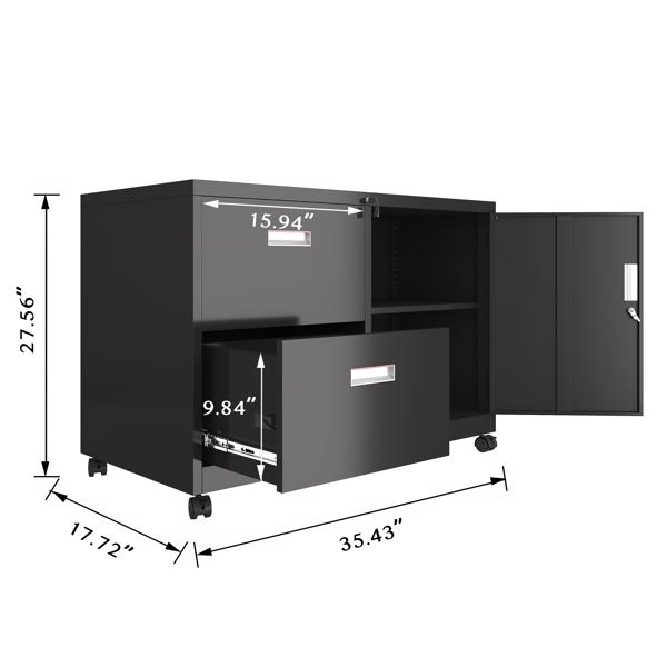 带 2 个抽屉和可调节搁板的金属办公柜，带锁的移动式横向文件柜-3