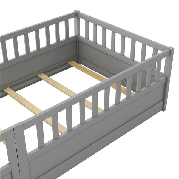 双人地板床，整体结构，超高安全屏障，门，儿童地板床架，蒙特梭利木制儿童地板床，支撑板条灰色-13