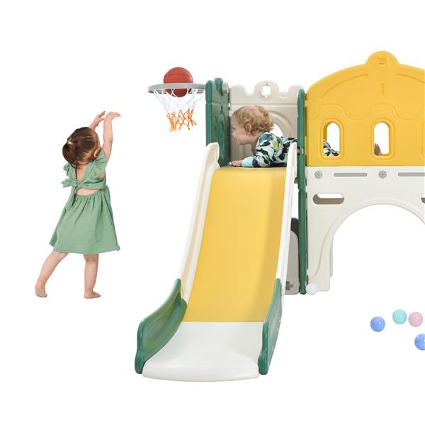 儿童滑梯玩具组合结构，带滑梯和篮球架的独立式城堡攀爬架，幼儿玩具收纳架，儿童攀爬游戏屋，适用于室内外游乐场活动-10
