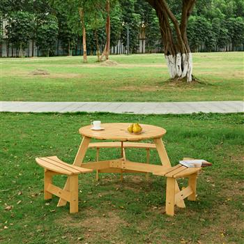 户外 6 人野餐桌，6 人圆形野餐桌，带 3 个内置长凳、伞孔、户外桌椅套装，适用于花园、后院、门廊、露台、自然