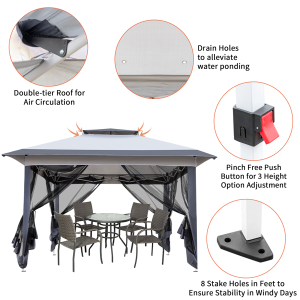  3.6*3.6m 灰色/深灰色 一键撑开 直角 4面纱网 双顶挑檐 折叠棚 牛津布 白色喷塑铁管 便携 N001-26
