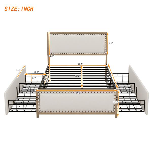 全尺寸软垫平台床，带钉头装饰和 4 个抽屉，棕色-8