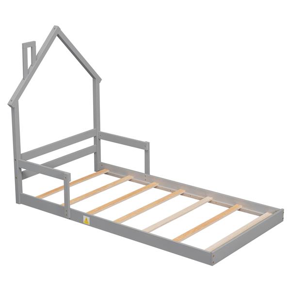双层房屋形床头地板床，带扶手、板条，灰色-1