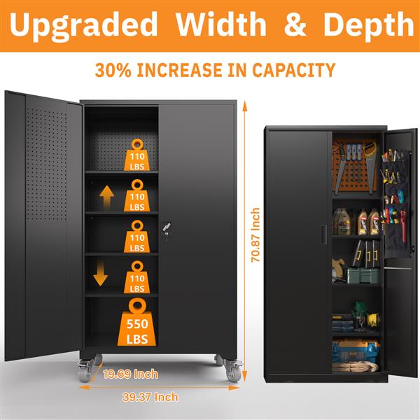 升级版宽 39.37 英寸、深 19.69 英寸金属储物柜 72 英寸黑色可锁车库柜带轮重型钢柜带门和 4 个可调节搁板适用于家庭、办公室-11