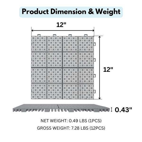 12 x 12 英寸灰色互锁甲板瓷砖塑料防水户外全天候防滑浴室淋浴阳台门廊坚固承重高达 6613 磅，玫瑰花图案 12 件装-24