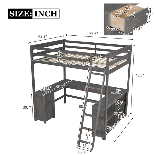 全尺寸阁楼床，配有 U 型书桌、抽屉和储物架，古董棕色-6