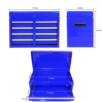 可拆卸 5 抽屉工具箱，带底柜和一个可调节搁板-蓝色