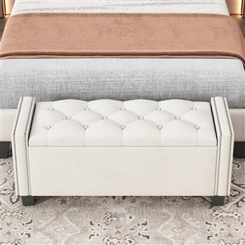 卧室用软垫天鹅绒储物凳，带铆钉设计的床尾凳，簇绒脚凳，米色