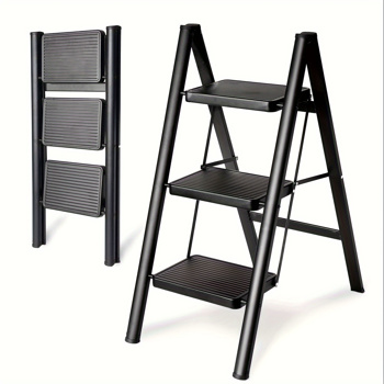 3 步梯 铝合金轻便折叠梯凳 宽防滑踏板 300 磅承重能力 家庭办公室便携式梯子 黑色